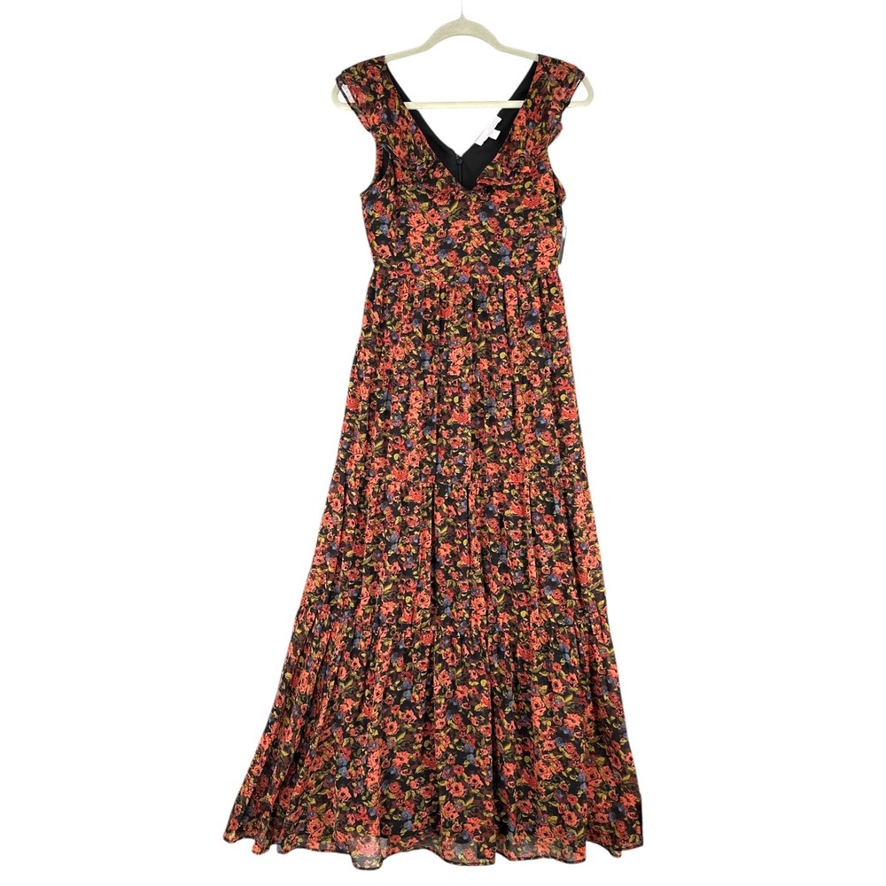 Chelsea28 Floral Ruffle V-Neck Tiered Maxi Dress Womens XS Polyester Rust Black